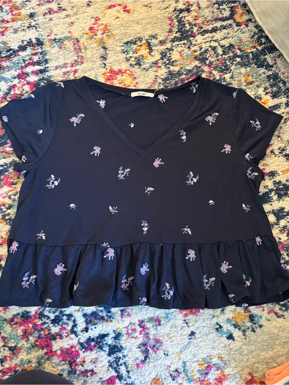 miami Navy V-Neck Floral Ruffle Crop Top